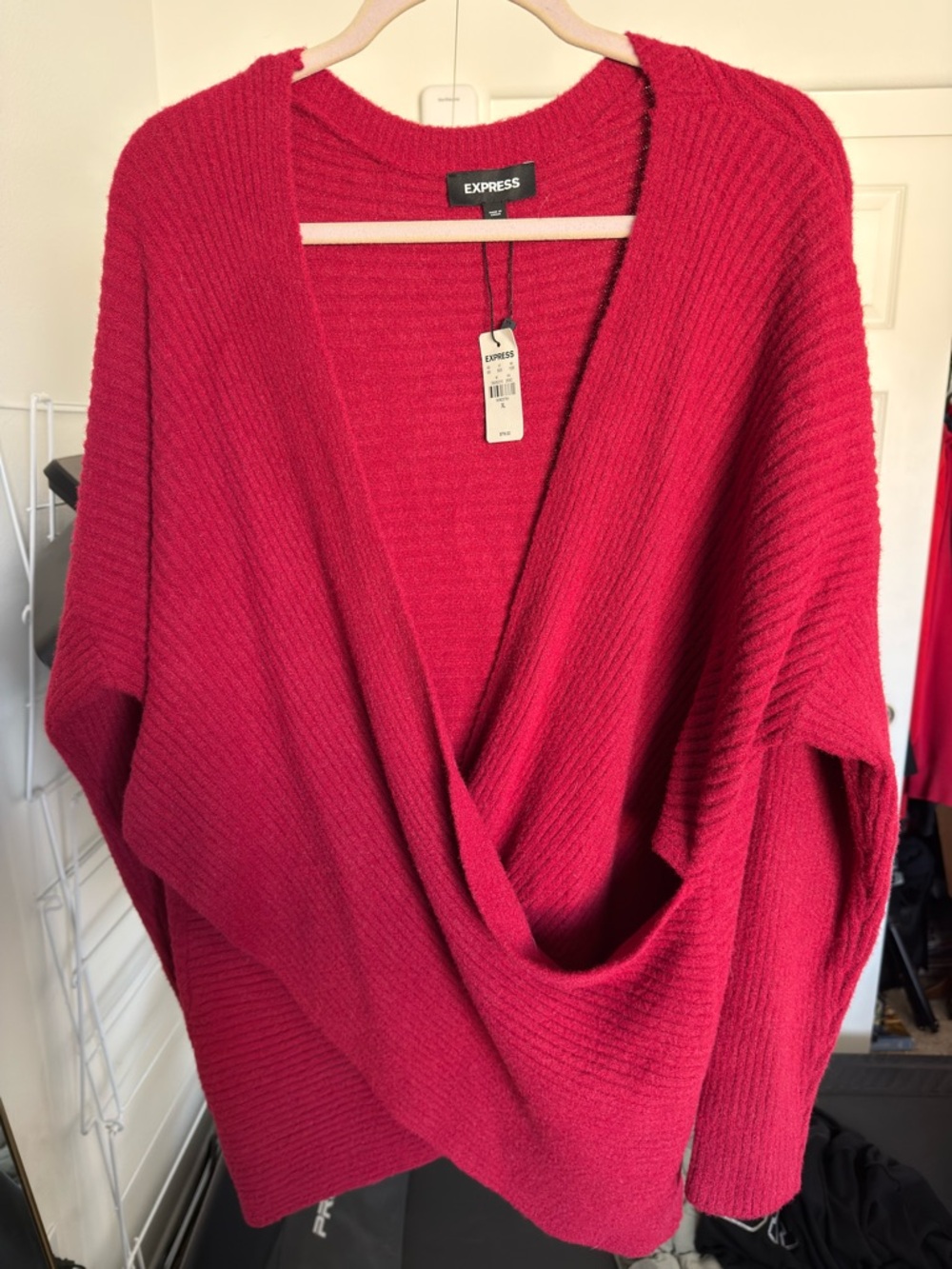 Express Women's Bright Red Draped V-Neck Ribbed Sweater